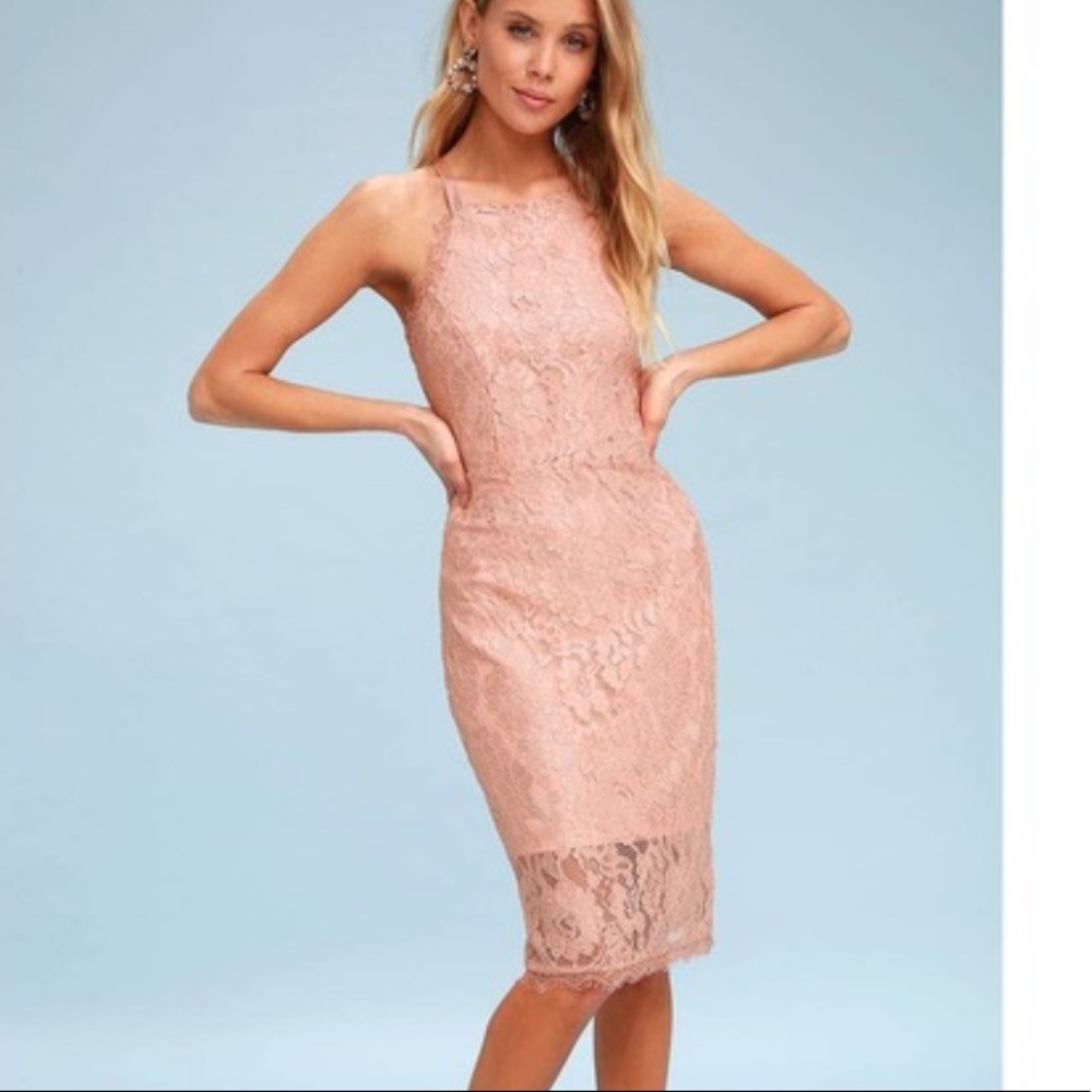 Wishful Wanderings Pink Lace Bodycon Midi Dress